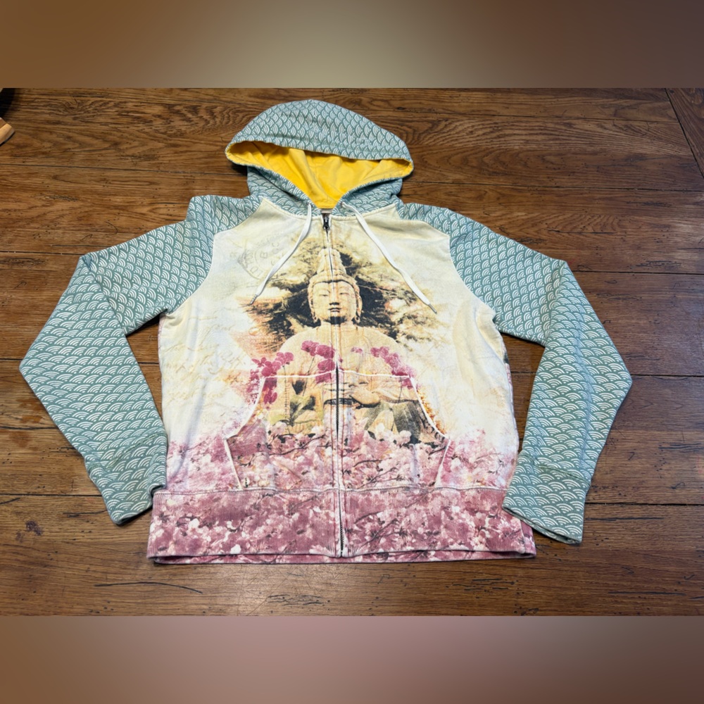 Y2K Lucky Brand  Graphic Artsy Japanese Buddha Cherry Blossom Zip Hoodie - Picture 5 of 6